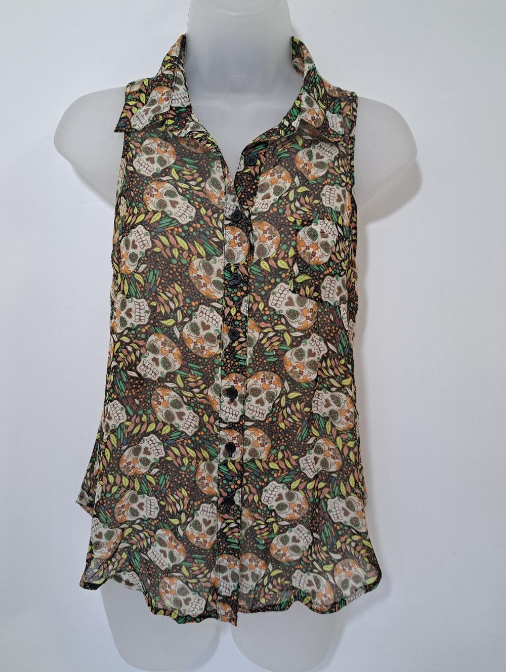 Material Girl Skull Sleeveless Open Back Blouse Small Brown